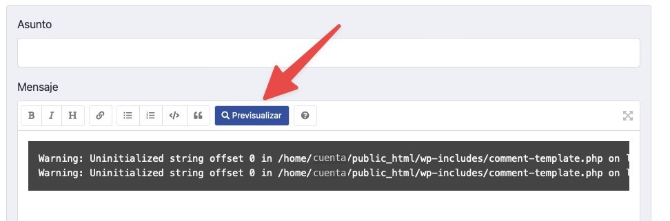 Vista previa del error pegado como código