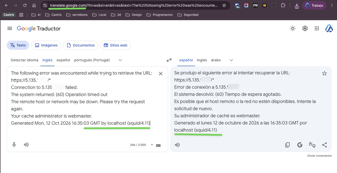 Página de error de un proxy local traducida con Google Traductor